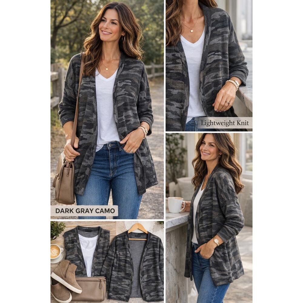 Sanctuary Lenox Dark Gray Camo Open Front Cardigan Lightweight Knit XL EUC